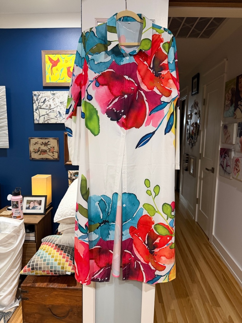 SHEIN White Floral Watercolor Print Long Shirt Jacket